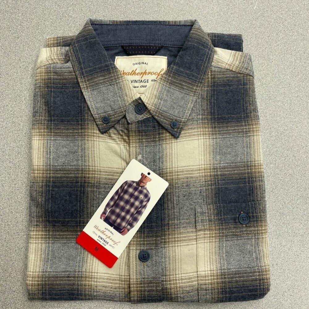 NEW Weatherproof Vintage Men's M Plaid Button-Down Shirt Long Sleeve Blue/Beige - Picture 2 of 9